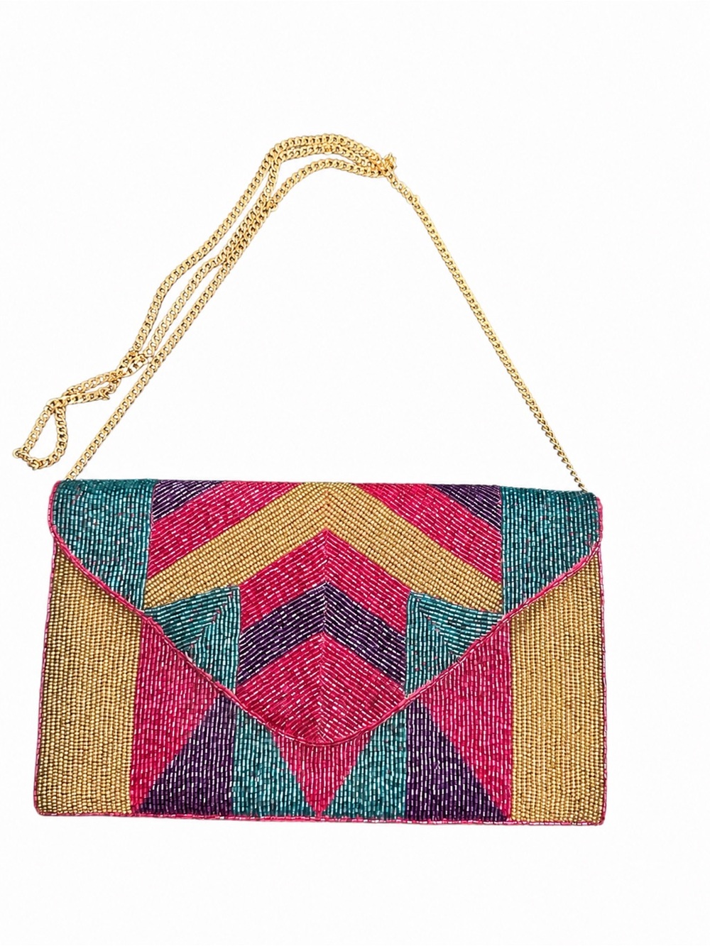 Multicolor Beaded Envelope Clutch Detachable Gold Chain Evening Bag Y2K